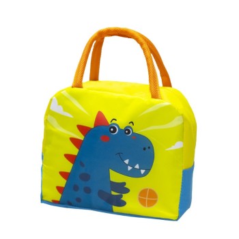 Geanta Termoizolanta pentru Copii, Flippy, 23x13x19 cm, Model Imprimeu Dinozaur, din Folie de Aluminiu si Panza Oxford, Albastru/Galben