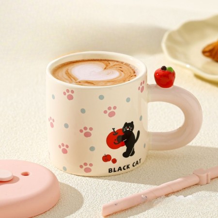 Cana din Ceramica cu Capac si Pai, Flippy, Capacul si Paiul din Silicon Roz, 9x8.5 cm, Model Cute D, Capacitate 380ml