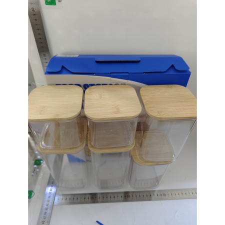 Set 6 cutii depozitare, Flippy, Bamboo lid si PS, 2pc 0.5L, 2pc 0.8L, 2pc 1.2L, 1230g, Transparente, Capac maro