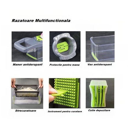 Feliator Multifunctional, Flippy, Razatoare, 8 in 1, pentru Fructe si Legume, 10 Piese, Lame de Inox, Recipient Stocare, Separator Oua, Protectie Mana, ABS, 32.2x11.3 cm, Verde/Gri