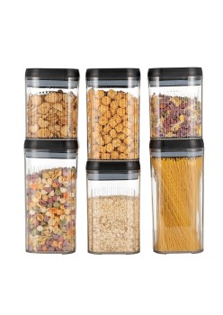 Cutii de Depozitare Alimente, Flippy, Set din 6 Cutii de tip Container, Recipiente pentru Cereale in Bucatarie,  Transparente cu Capac Negru