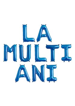 Set 10 Baloane din Folie Metalizata, Flippy, Figurine Litere, Model La multi ani, Tema Aniversare, 40 cm, Ambalaj Individual, Pai Inclus,  Umflare cu Aer sau Heliu, Albastru