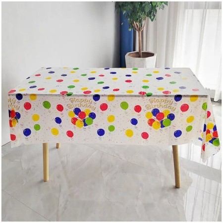 Fata de Masa, Flippy, din PEVA, Imprimeu Happy Birthday cu Baloane, 137 x 274 cm, Impermeabila, Fara Pete, Curatare Rapida, Multicolor