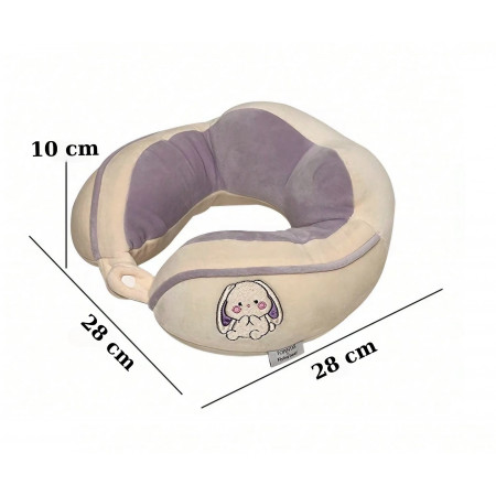 Pernă de Călătorie pentru Gât și Cap, Design Ergonomic, Umplutură Moale din Bumbac, Model Brodat Iepure, 28x28x10 cm, Lila