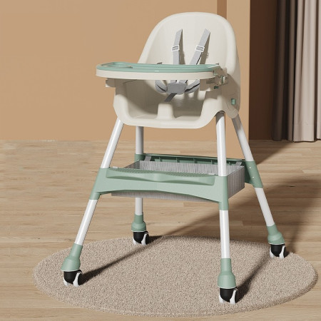 Scaun de Masă Reglabil pentru Bebeluși, Pliabil cu Roti, Suport Picioare și Masuță Ajustabilă, Verde, 97x73x65cm