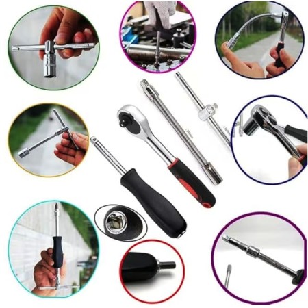 Chei tubulare Set 46 de Piese, Flippy, Trusa Scule de Reparatii Auto, Prelungitoare Rigid si Flexibil, Articulatie Cardanica, Antrenor de Forta Glisant, Adaptoare, Maner pentru Surubelnita, 23 x 12 x 4 cm, 1.9 kg, Cutie Rosie