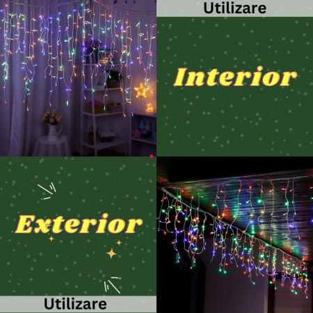 Instalatie Craciun Tip Franjuri/Turturi, 8 Jocuri de Lumini, Interconectabila, 12 m, 300 LED-uri, Prelungitor 1.5 m, Fir transparent, Multicolor