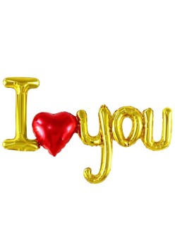 Set Baloane Folie Metalizata, Flippy, Model I LOVE YOU cu Inimioara, 54x97 cm, Tematica Ziua Îndrăgostiților, Ambalaj Individual, Pai Inclus, Umflare cu Aer sau Heliu, Auriu
