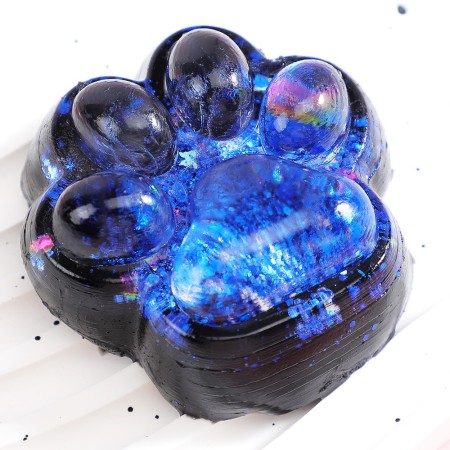 Jucarie Antistres Squishy, Flippy, cu Revenire Lenta, Model Labuta de Pisica cu Sclipici, 6.5x6 cm, 60g, Ambalaj Transparent, Albastru-Negru