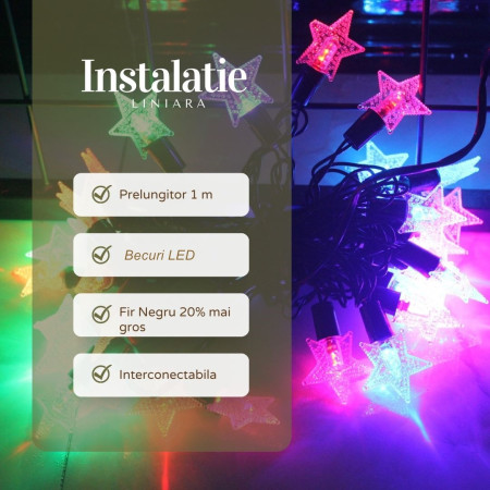 Instalatie de Craciun cu Model Stelute, Liniara RGRB, 10 m, 220V, 40 LED, Interconectabila, Fir Negru, multicolor