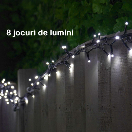 Instalatie de Craciun beculet in 6 colturi, 8 jocuri de lumini, liniara, 17 m, din care 1 m cablu priza 220V, 200 LED, controler, fir negru, alb rece