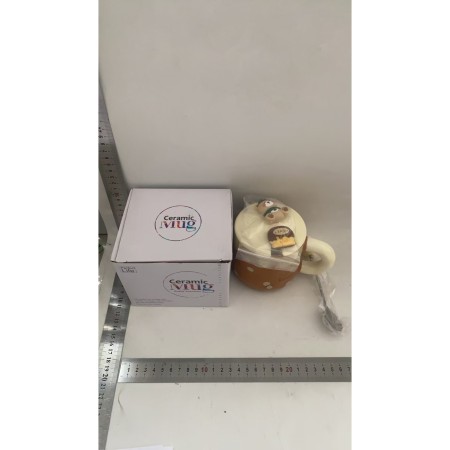 Cana ceramica, Flippy, Model Urs, cu lingura si capac, Maro-crem