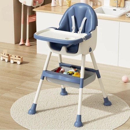 Scaun de Masă pentru Copii cu Roti și Masuță Reglabilă, Pliabil, Telescopic, Albastru, cu Centură și Spațiu de Depozitare, 97x73x65 cm