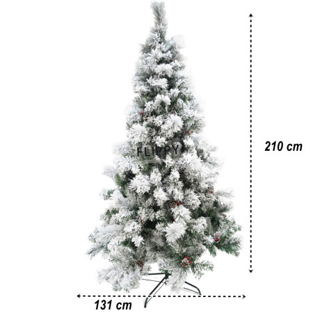 Brad artificial de Craciun nins, decorat cu conuri pin, pentru interior/exterior, inaltime 210 cm, diametru 131 cm, 630 ramuri, Flippy, alb/verde, suport metalic inclus