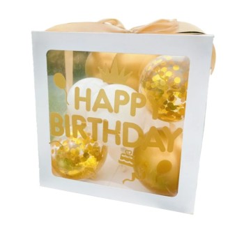 Cutie pentru Baloane, Flippy, Tematica Aniversare, Model Scris Happy Birthday, Baloane Aurii, Albe si Panglica Incluse, Contur Alb, Transparenta, 30x30 cm