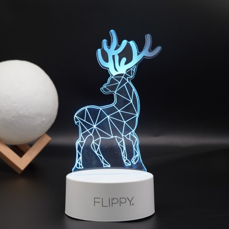 Lampa LED decorativa, Flippy, 3D, Cerb, cu telecomanda, doua moduri de alimentare USB si baterii, 20 cm inaltime, din material acril si lumina multicolora, alb