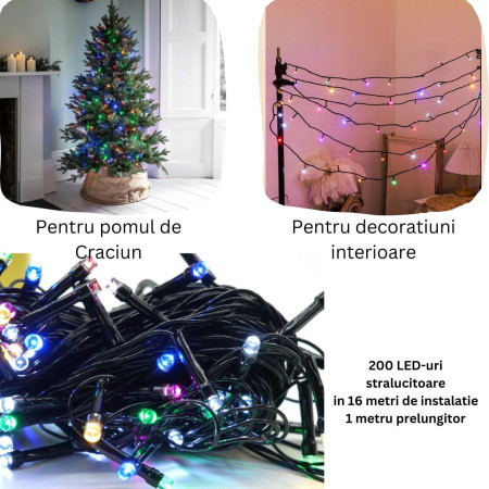 Instalatie de Craciun 8 jocuri de lumini, controler, liniara, 17 m, din care 1 m cablu priza 220V, 200 LED, fir negru, multicolor