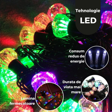 Instalatie de Craciun RGRB Liniara, Model Diamante,10 m din care 1 m Prelungitor 220V, 40 LED, Interconectabila, Fir Negru, multicolor