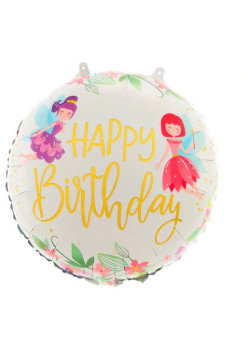 Balon din Folie Metalizata, Flippy, Figurina Cerc, Model Happy Birthday cu Zane, Tematica Aniversare, 45 cm, Ambalaj Individual, Pai Inclus, Umflare cu Aer sau Heliu, Multicolor