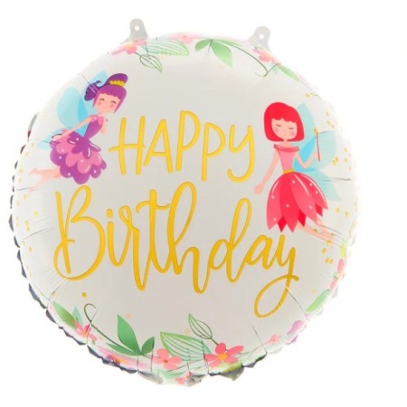 Balon din Folie Metalizata, Flippy, Figurina Cerc, Model Happy Birthday cu Zane, Tematica Aniversare, 45 cm, Ambalaj Individual, Pai Inclus, Umflare cu Aer sau Heliu, Multicolor