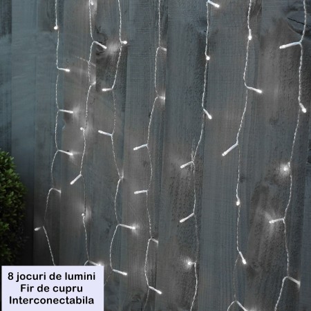 Instalatie Craciun Tip Perdea, 8 Jocuri de Lumini, Interconectabila, 2 m x 2 m, 240 LED-uri, Prelungitor 1.5 m, Fir transparent, Alb Rece