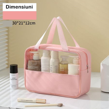 Geantă Cosmetice Voiaj, Impermeabilă, PVC/Textil, Portabilă, Roz, 30x21x12 cm