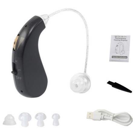 Aparat auditiv retroauricular BTE Reincarcabil, Flippy, Set 2 bucati Stinga Dreapta, Standard European, Aparat auditiv Cu incarcator, Aparat pentru Auz, 12 x 8.5 x 4 cm, 89 g, Negru