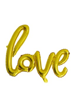 Balon din Folie Metalizata, Flippy, Model Love scris de mana, 102x65 cm, Tematica Ziua Îndrăgostiților, Ambalaj Individual, Pai Inclus, Umflare cu Aer sau Heliu, Auriu