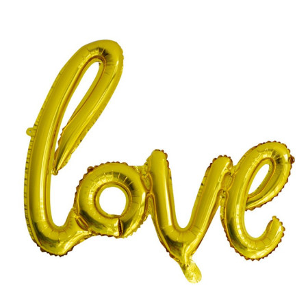Balon din Folie Metalizata, Flippy, Model Love scris de mana, 102x65 cm, Tematica Ziua Îndrăgostiților, Ambalaj Individual, Pai Inclus, Umflare cu Aer sau Heliu, Auriu