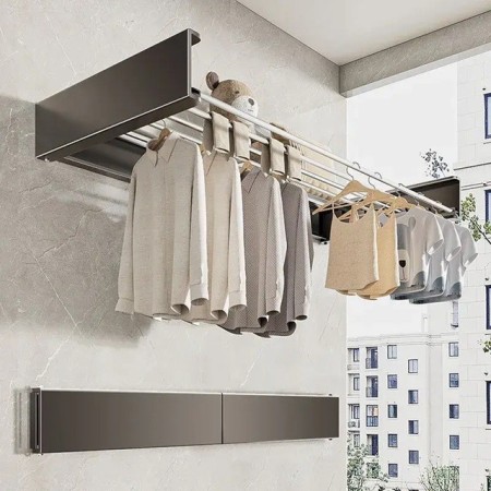 Suport Haine, Flippy, Depozitare si Uscare Rufe, din Aluminiu, Pliabil, Impermeabil, Montare prin Perforare, 80 cm, Negru