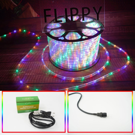 Instalatie Craciun, 60 m, 1440 Led-uri, Furtun Luminos, Multicolor, Transformator, Sectionabila, 220 V, Flippy