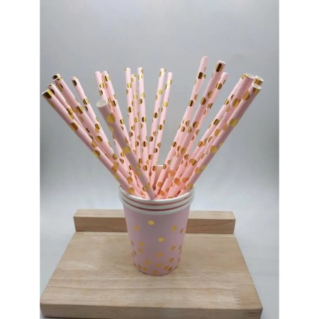 Set 10 Paie, Flippy, din Hartie, 19.5 cm, Model cu Buline Aurii, Roz