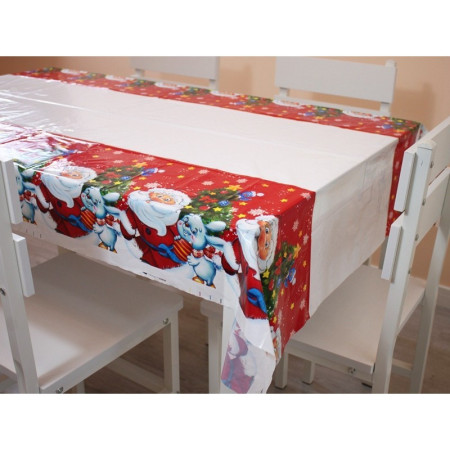 Fata de masa dreptunghiulara Flippy, PVC, 2.5 mm grosime, imprimeu Mos Craciun cu iepuras, potrivit pentru Craciun, utilizare multipla, 180 x 108 cm, alb
