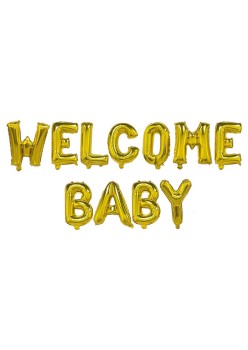 Set Baloane din Folie Metalizata, Flippy, Model Welcome Baby, Litere de 40 cm, Baloane Party, Ambalaj Individual, Pai, Ata si Adeziv Incluse, Umflare cu Aer sau Heliu, Auriu