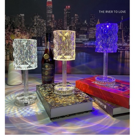 Lampa de birou pe LED RGB 16, Flippy, dimmer tactil, 3 nivele de intensitate, incarcare USB, 3W, Cristal Acrilic, 13x28 cm, cu telecomanda, forma veioza, transparent