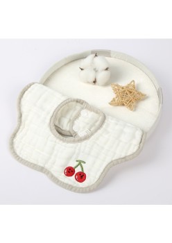 Baveta din Bumbac pentru Copii, Flippy, 0-12 Luni, 26x29 cm, Rezistenta la Apa, 8 Straturi, cu Capse, Model Tricotat cu Cirese, Alba