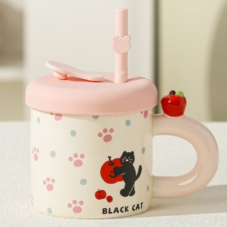 Cana din Ceramica cu Capac si Pai, Flippy, Capacul si Paiul din Silicon Roz, 9x8.5 cm, Model Cute D, Capacitate 380ml
