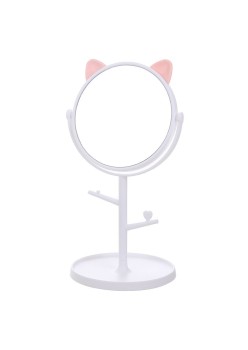 Oglina Cosmetica cu Picior, Flippy, HD, Rotire 360 Grade, 15 cm Diametru, Suport Bijuterii Baza Rotunda + 2 Brate, Model cu Urechi, 31 x 14.5 x 15 cm, din Plastic, Alb