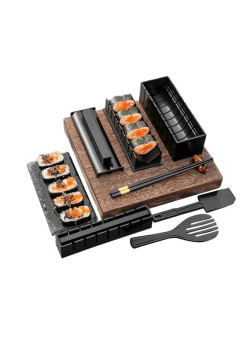 Set ustensile pentru facut sushi Flippy, 10 piese, forma inima inclus, 3 forme clasice, extensibil, finisaj lucios, material ABS, curatare usoara, negru