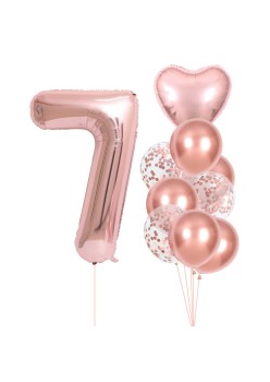 Set 10 Baloane Folie si Latex, Flippy, Tematica Aniversare, Baloane Latex 25cm, Figurina Inimioara 45 cm, Cifra 7 de 81 cm, Ambalaj Individual, Pai Inclus, Umflare cu Aer sau Heliu, Roz Pal