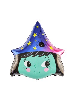 Baloane Halloween, Flippy, set din 5 Baloane, 1 Little Witch Halloween, 2 stele negre, 2 baloane rotunde multicolore, din folie de aluminiu, 30- 40 cm, pai de carton inclus, Multicolor