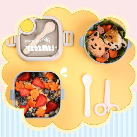 Caserola pentru copii Flippy, lunch box, 750 ml, doua boluri, lingura, foarfeca din plastic, rezistenta la scurgeri, Albastra