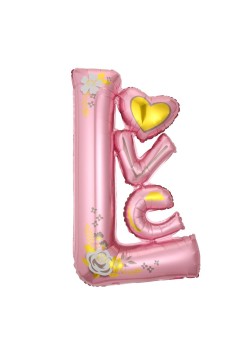 Balon din Folie Metalizata, Flippy, Figurine, Model LOVE, Tematica Iubire, 110x64 cm, Ambalaj Individual, Pai Inclus, Umflare cu Aer sau Heliu, Roz