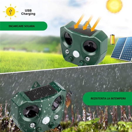 Aparat Solar LED cu Ultrasunete, Anti Animale Mari și Mici, Anti Rozătoare și Insecte, Lumini Roșii/Albe, IPX Rezistent, 15x14x24 cm, Verde