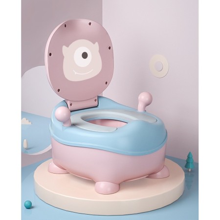 Olita pentru Copii, Flippy, +6 luni, Compartiment Detasabil, cu Capac, Antiderapanta, din Plastic, Colac Moale, Model Animat Ciclop, cu Maner, 33 x 21 x 45 cm, Albastru/Roz