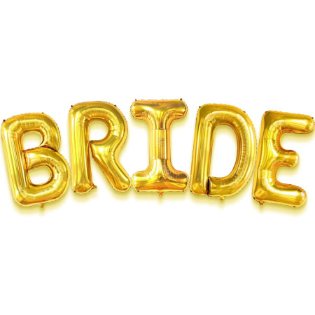 Set Baloane din Folie Metalizata, Flippy, Model Scris Bride, Litere de 100 cm, Tema Iubire, Baloane Party, Ambalaj Individual, Pai Inclus, Umflare cu Aer sau Heliu, Auriu