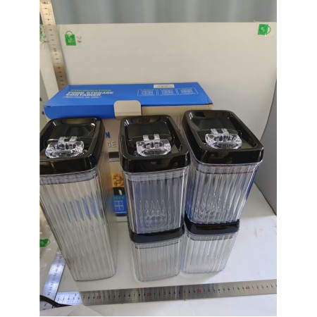 Cutii de Depozitare Alimente, Flippy, Set din 5 Cutii de tip Container, Recipiente pentru Cereale in Bucatarie,  Transparente cu Capac Negru