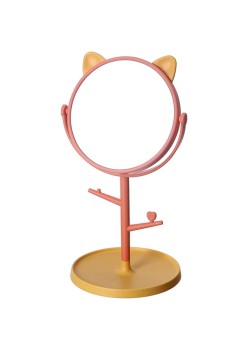 Oglina Cosmetica cu Picior, Flippy, HD, Rotire 360 Grade, 15 cm Diametru, Suport Bijuterii Baza Rotunda + 2 Brate, Model cu Urechi, 31 x 14.5 x 15 cm, din Plastic, Portocaliu/Galben