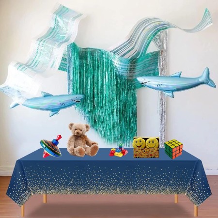 Fata de Masa, Flippy, din PEVA, Imprimeu Buline Aurii, 137 x 274 cm, Impermeabila, Fara Pete, Curatare Rapida, Albastru Inchis