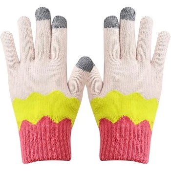 Manusi de Dama, Flippy, Model Ondulat, Functie Touchscreen (ecran tactil), Material Acril Tricotat, Manseta Elastica, Interior Catifelat, Marime Universala, Galben/Roz